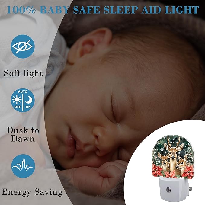 Night Light for Kids Girls Boys, Christmas Elk Flowers LED Night Light Plug into Wall with Dusk to Dawn Sensor for Room Decor, Hallway, Kitchen, Bathroom, Nursery, Stairs