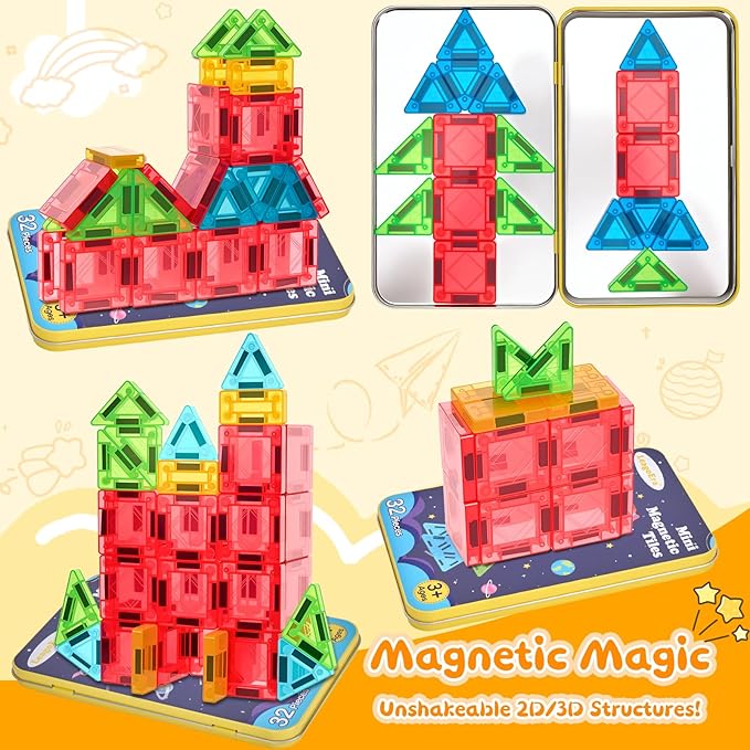 Magnetic Tiles Building Blocks Toy Set: Portable Mini Magnetic Tiles Travel Set 32 Pieces with Iron Tin Construction Toys Gift for Kids Girls and Boys Ages 3-12 Years Old School Classroom Must Haves