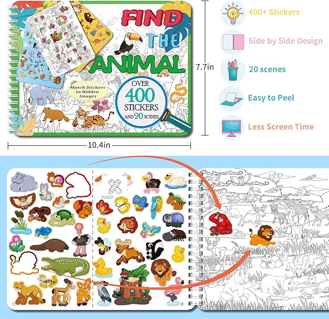 Find The Animal Sticker Book, Sticker Book for Kids, Include 20 Theme, Over 400 Animal Stickers for Kids, Toddler Educational Toys