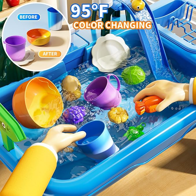 Water Table Play Sink Toy for Kids 2 3 4 5 6 Years Old - Outdoor Kitchen with Running Water, Fishing Games, Toddler Water Play Table for Kids Ages 3-8, Beach Outdoor Toys, Summer Gifts