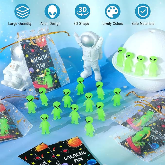 40 Pcs Glow in the Dark Mini Alien Figures Set with Card and Gift Bag for Space Birthday Party Favors Halloween Little Small Tiny Alien Figurines Statue for Hide and Seek(Green)