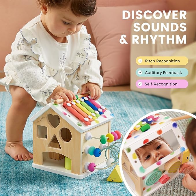 Tiny Land 9-in-1 Wooden Activity Cube, Montessori Baby Activity Center for 1+ Year Old, Educational Toy for Toddlers, Ideal Gift for Girls and Boys (Rainbow)