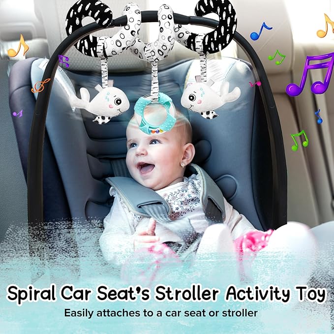 Baby Spiral Hanging Stroller and Car Seat Toys Black and White High Contrast Sensory Toy Newborn Plush Activity Toys Party Favors Quality Gifts for Baby Shower-Whale