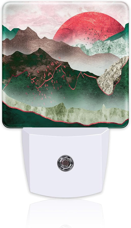 Green Mountain with Red Moon Night Light for Kids,Abstract Natural Landscape Painting Night Light Plug in with Dusk to Dawn Sensor,0.5w Energy Saving Nightlight for Hallway Stairway Kitchen Bedroom