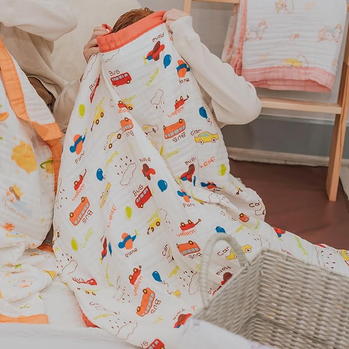 100% Cotton Muslin Baby Blanket | Soft & Breathable 6-Layer Swaddle & Receiving Blanket | Lightweight Quilt for Newborns, Infants & Toddlers | Gender-Neutral (Vroom Vroom)
