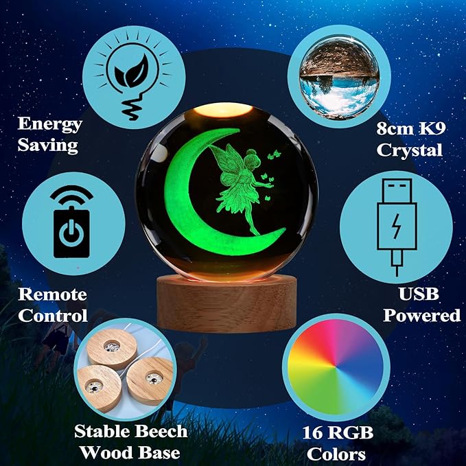 Moon Fairy Night Light, Tooth Fairy Gifts, K9 3.15 Inch (80mm) Crystal Ball Lamp with 16 Colors Remote Upgraded Lamp for Birthday Xmas Cool Fairygirl Figurines Gifts for Room Decor Boys Girls