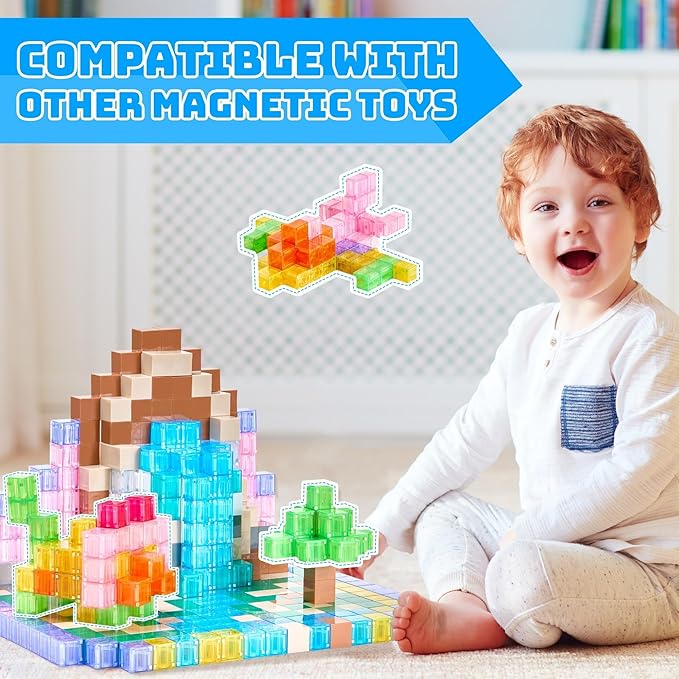 Magnetic Blocks Set, Magnet Building Blocks with Toy Figurine and Storage Bag for Kids Gifts, STEM Educational Preschool Sensory Toys for Toddlers Boys Girls Ages 3-12(Transparent)