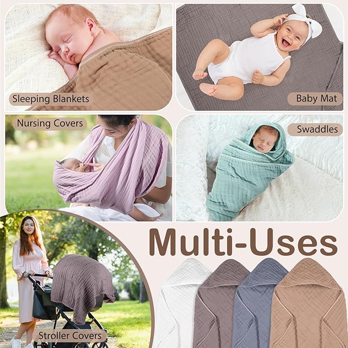 Peryiter 4 Pcs Muslin Hooded Baby Towels, 32"x 32" Cotton Newborn Bath Towel Muslin Infant Baby Blankets Absorbent Unisex Christmas Registry Gift Essentials for Girls Boys (White,Coffee,Blue)