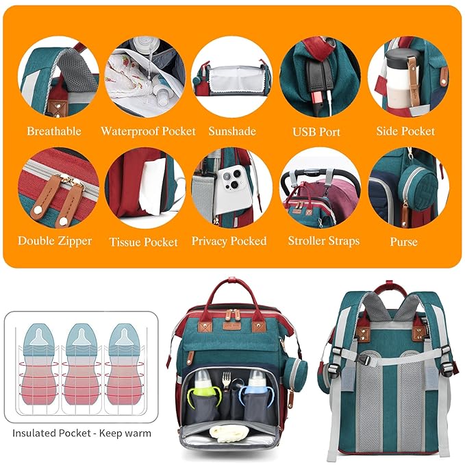 Baby Diaper Bags with Changing Station, Waterproof Diaper Bag Backpack for Moms Dads with USB Charging Port, Baby Shower Gifts, Large Capacity diaper backpack, Red-Green-Blue