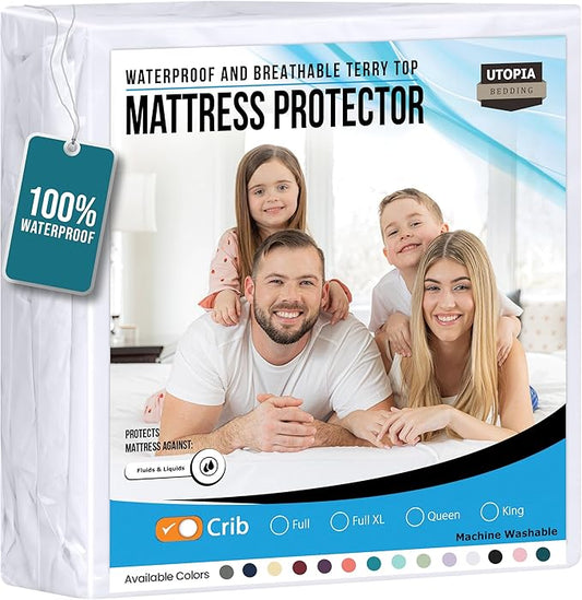Utopia Bedding Waterproof Mattress Protector Crib Size, Premium Terry Mattress Cover 200 GSM, Breathable, Fitted Style with Stretchable Pockets (White)