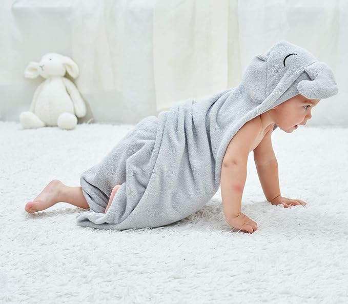 HIPHOP PANDA Hooded Towel - Rayon Made from Bamboo, Bath Towel with Bear Ears for Newborn, Babie, Toddler, Infant - Absorbent Large Baby Towel - Grey Elephant, 30 x 30 Inch
