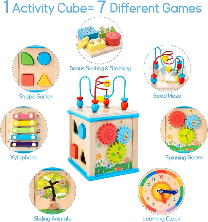 Wooden 7-in-1 Activity Cube, Montessori Toys for 1 Year Old Toddlers, Baby Educational Developmental Toys, One Year Old Boys Girls First Birthday Gifts with Bonus Sorting & Stacking Board