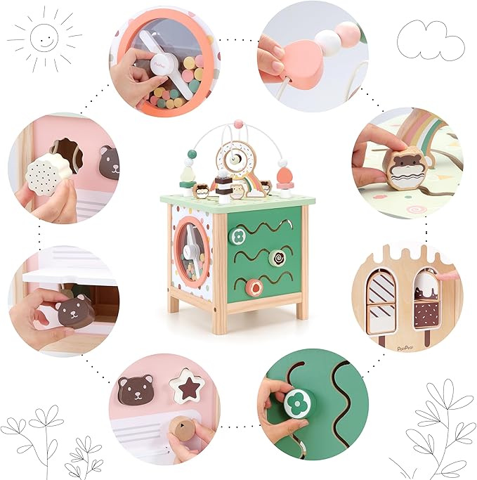PairPear Wooden Activity Cube Montessori Toys Wooden Play Cube Activity Center Baby Busy Board Multifunctional Early Educational Development Toys Sensory Gifts for Toddlers Girls Boys 1 2 3 Year Old