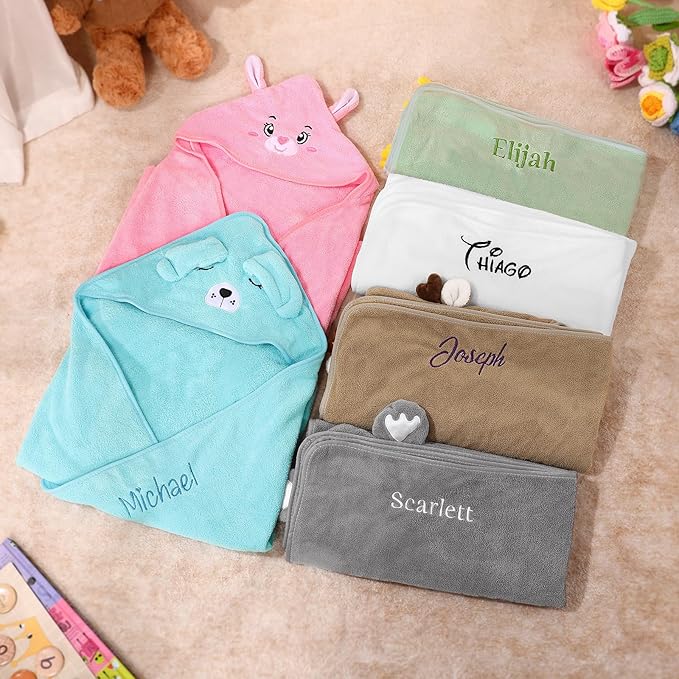 Personalized Baby Towels for Newborn Custom Embroidery Name Hooded Baby Bath Towels for Boy Girl Newborn Essentials Must Haves Shower Gift Soft Coral Velvet 30"x30" (White)