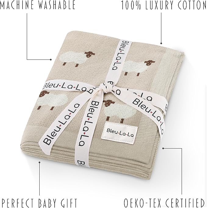 Baby Swaddle Blanket - 100% Luxury Cotton Knit Soft Cozy Lightweight Unisex Receiving Stroller Quilt Blanket for Shower Gift Registry for Newborns Infants Toddlers (Sheep - Khaki)