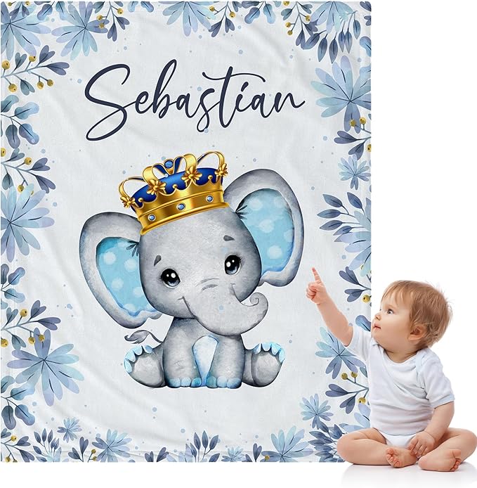 J&SBGFT Personalized Baby Blanket for Boys, Custom Name Blanket for Toddlers, Boys Stroller Crib Decor Throw, Blue Elephant
