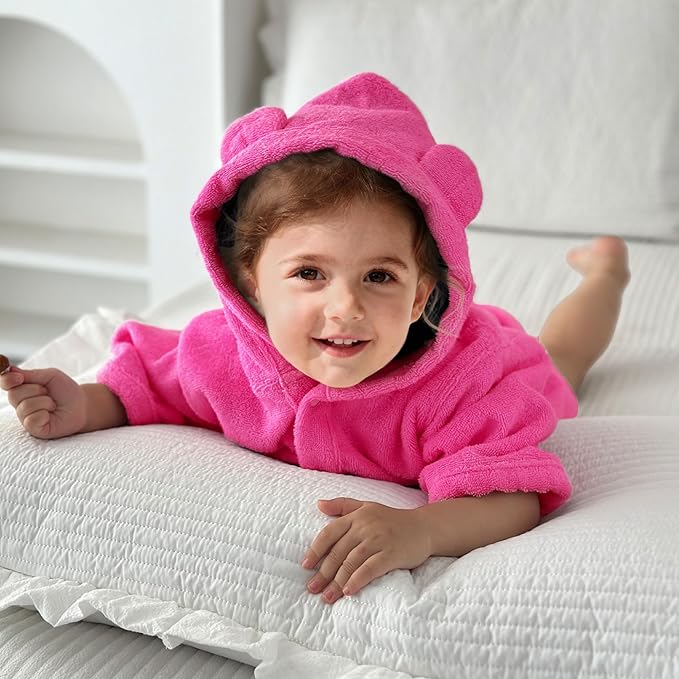 VOOVA & MOVAS Baby Hooded Towel with Bear Ear, 0-3Years | 100% Cotton, Ultra-Soft & Absorbent | Gentle for Sensitive Skin, Bath, Pool & Beach Towel | Newborn (Hot Pink)