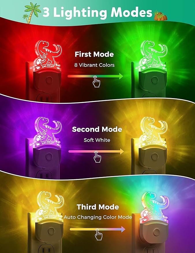 Dinosaur Night Light for Kids [2 Pack], 8 Color Changing Plug in Night Lights for Baby with Dusk to Dawn Sensor, Nightlight for Bathroom Decor, Children Room, Dinosaur Toys Gifts