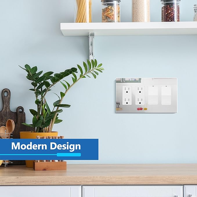 LIDER Quadruple Decorator Wall Plate, Impact Resistant, Mirrored Acrylic Plexiglass Reflective Finish Modern Upgrade Screwless Light Switch Outlet Cover Mid-Size 4-Gang 4.88" x 8.58" Silver