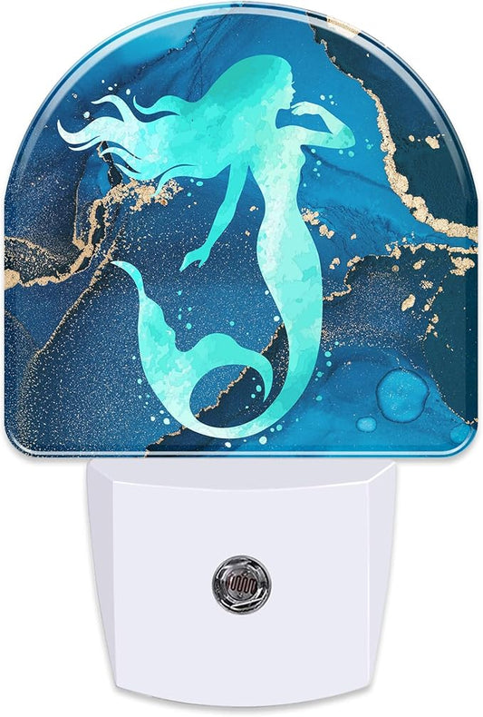 Watercolor Turquoise Mermaid Night Light for Kids,Navy Blue Golden Marble Night Light Plug in with Dusk to Dawn Sensor,0.5w Energy Saving Nightlight for Hallway Stairway Kitchen Bedroom