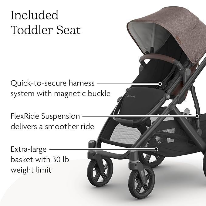 UPPAbaby Vista V3 Stroller - Full-Size Single-to-Double Stroller System - Toddler Seat, Bug Shield, Rain Shield, and Storage Bag Included - Owen (Mocha Mélange/Carbon Frame/Chestnut Leather)