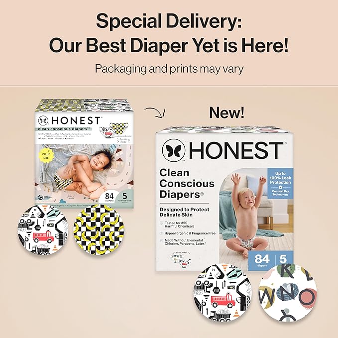 The Honest Company Clean Conscious Diapers for Sensitive Skin, Up to 100% Leakproof Hypoallergenic Fragrance-Free Baby Diapers, Gender Neutral Prints, Super Club Box, Size 5 (27+ lbs), 84 Count