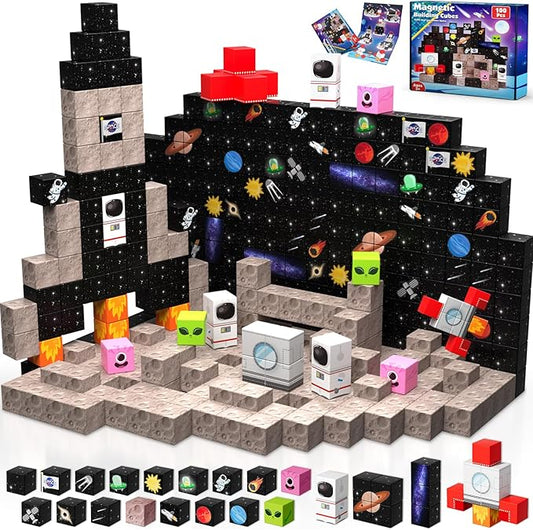 Magnetic Blocks-100PCS Magnetic Building Blocks,Space Rocket Magnetic Tiles Cubes 2025 Upgraded STEM Game, Christmas Birthday Gifts for Adult