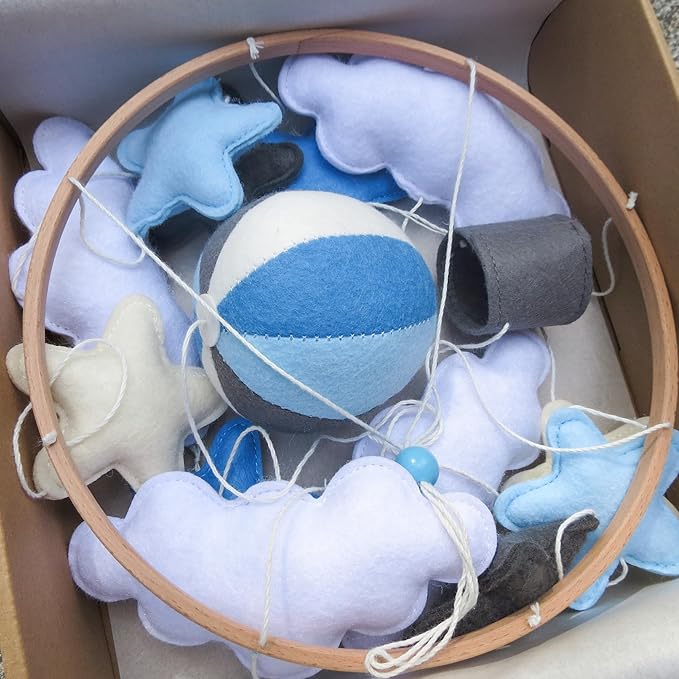 Sky Blue Hot Air Balloon Mobile for Crib Boho Baby Crib Mobile for Boys Girls Stars & Clouds Hot Air Balloon Baby Mobile for Crib