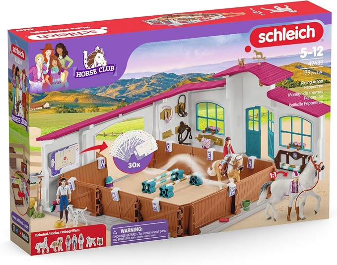 Schleich Horse Club - 179PC Peppertree Riding Arena Horse Playset with Real Dressage Cards - With Stable Set, 2 Horses, 3 Rider Figurines, Cards and Accessories - Toys for Girls & Boys Ages 5+ | 42639