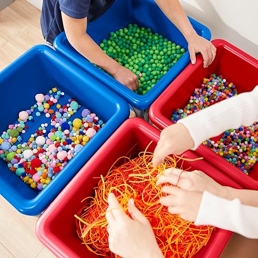 ECR4Kids 4-Station Sand and Water Adjustable Play Table, Sensory Bins, Blue/Red