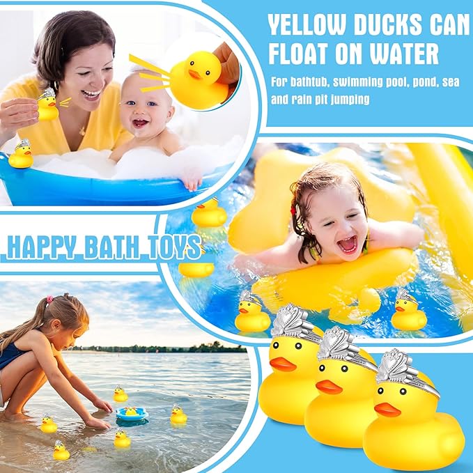 Chivao 12 Pcs Rubber Ducks with 12 Sunglasses/ Hats/ Headwear Small Mini Carnival Cruise Birthday Rubber Duckies Bathtub Toys in Bulk(Duck with Crown,Yellow)