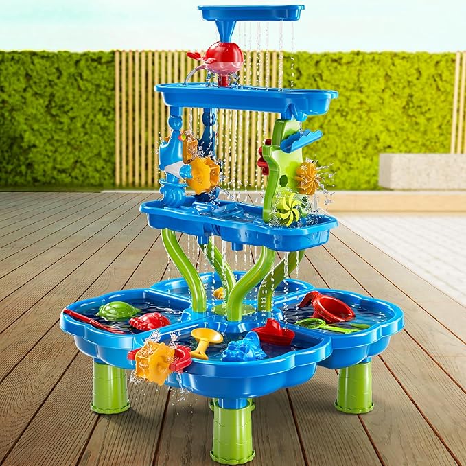 4 -Tier Kids Water Play Table for Kids Toddlers 3-5 4-8, Sand and Water Table with Rich Activity Set, Water and Sand Sensory Activity Play Table Summer Beach Outdoor Indoor Toys for 3 4 5 6 7 8