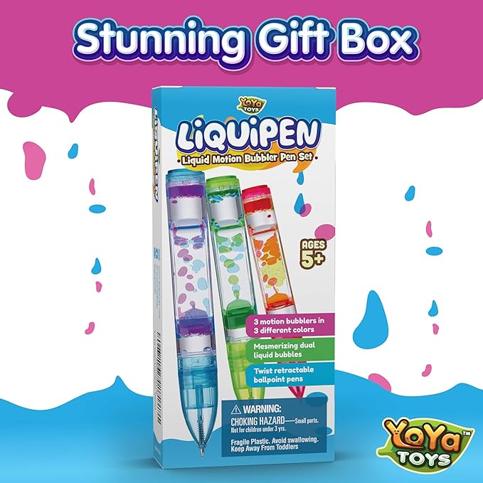 YoYa Toys Liquipen - Liquid Motion Bubbler Pen Toy (3 Pack) - 3 Colors - Colorful Timer Pens for Focus, Stress & Anxiety Relief - Fun Desk Fidget Toy for School & Office - Great Gift for Kids & Adults
