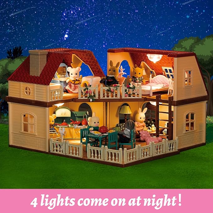 Family Cozy Cabin Doll House Playset, Dollhouse Furniture and Accessories,DIY Cottage Pretend Play Dollhouses, for Toddlers, Boys & Girls
