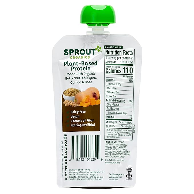 Sprout Organic Baby Food Pouches Stage 3 Plant Powered Protein, Butternut Chickpea Quinoa and Dates, 4 Ounce Pouches (Pack of 12)