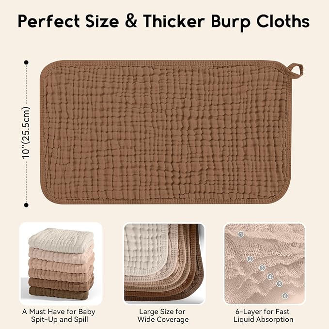 Muslin Burp Cloths for Baby 100% Cotton Burping Cloths for Boys Girls Large 20''X10'' Extra Soft and Absorbent 12 Pack - Gradient Coffee