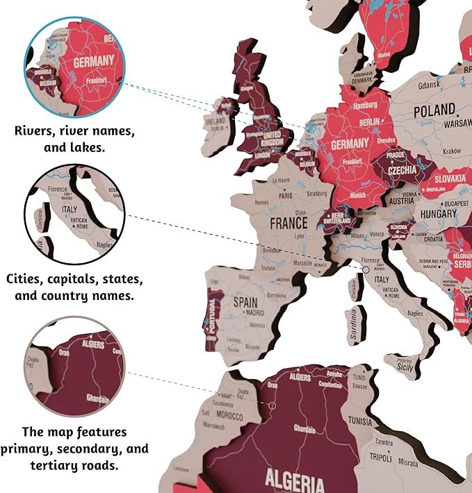 Colorfull Worlds 3D Wooden World Map Wall Art - Premium Multicolored World Travel Map for Wall Decor with Push Pins- Ideal Housewarming Gift & Travel Tracker (XXLarge, Crimson)