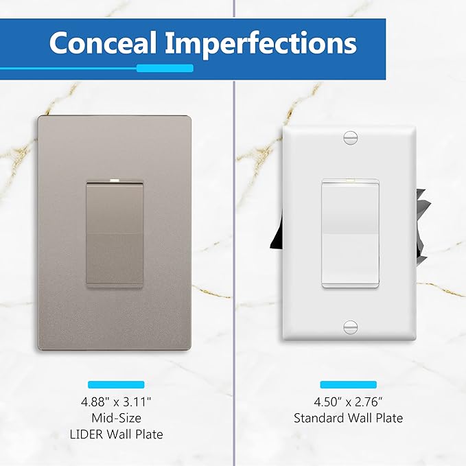 LIDER Matte Finish Decorator Switch Cover, Screwless Wall Plate, Mid-Size 1-Gang 4.88" x 3.11", Unbreakable Polycarbonate Thermoplastic, UL Listed, LSWP-31M-NK, Nickel