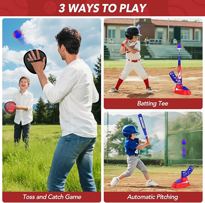 3-in-1 Kids T-Ball Set for Toddlers 3-5 with Fixed Tee Ball Stand, Baseball Launcher, Toss and Catch Ball Game - Outdoor Sports Toy Gift for Boys and Girls