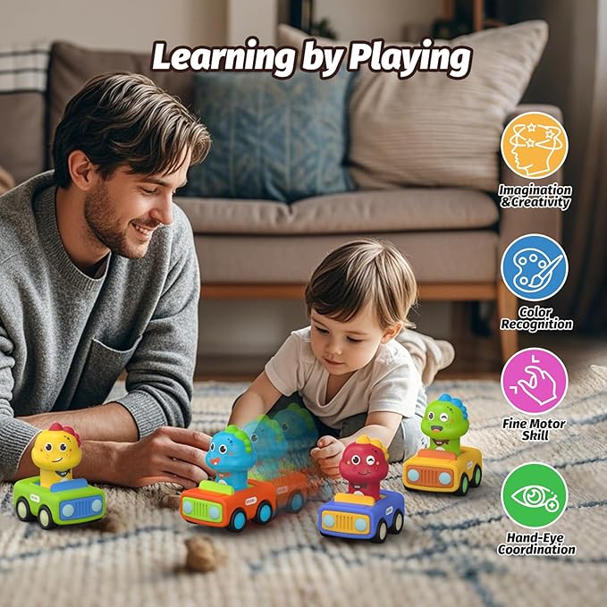 4PCS Big Press and Go Car Toys for Toddlers 1-3,Baby Animal Race Cars with Big Storage Box Infant Toys Push Go Friction Dino Car Learning Toys for Toddlers 1-3