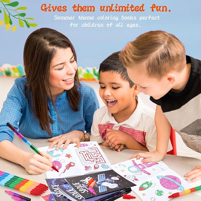 BenLouis 12 Outer Space Mini Coloring Books Kids with 12 Stacking Crayons Astronaut Party Favors Small Activity Books Bulk for Kids Solar System Galaxy Planet Alien Party Gift Goodie Bag Stuffers