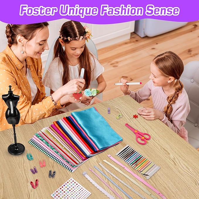 Anpro 650+Pcs Fashion Designer Kit for Girls with 2 Mannequins, DIY Arts & Crafts Kit for Girls Age 6-12 Toys, Doll Clothes Making Sewing Kit -Pink