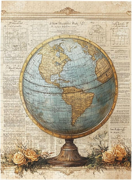 Classic Globe with Detailed World Map and Vintage Documentation, Beautifully Complemented by Decorative Roses，500 Piece Adults Wooden Jigsaw Puzzle，Ideal for Relaxation and Family Fun