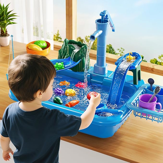 Water Table for Toddlers 1-3- Kids Play Sink with Pump and Running Water, Water Table for Kids Ages 4-8 with Fishing Games, Summer Outside Sensory Gift Toys for Boys and Girls 2 3 4 5 6 7 8