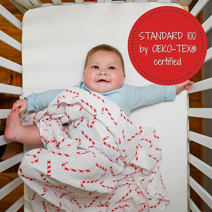 LollyBanks Baby Blanket, 100% Cotton Muslin Swaddle Blankets for Boys and Girls, Large 47 x 47 Inches Newborn Blanket, Soft and Breathable Baby Swaddle, Baby Essentials, Registry (Candy Cane Print)