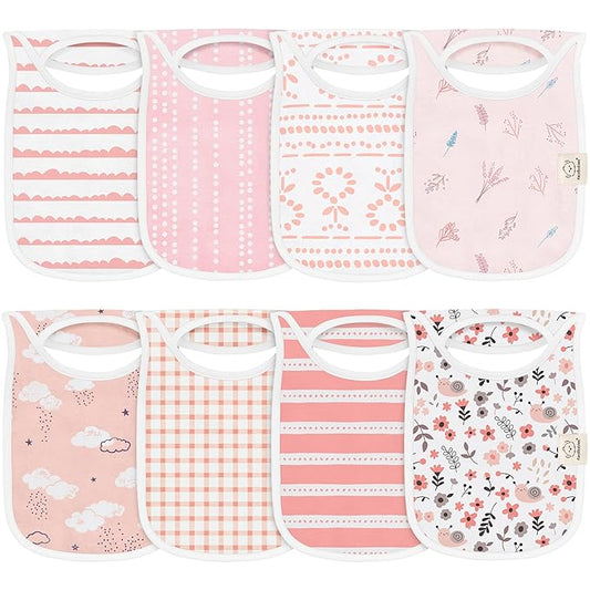 8-Pack Baby Bibs for Boys, Girls - Pullover Bibs for Drooling Teething Baby Girl & Boy Toddler, Newborn, Soft & Absorbent, Cute Colors, Large Torso Coverage Keep Infant Clean & Dry (Sweet Charm)