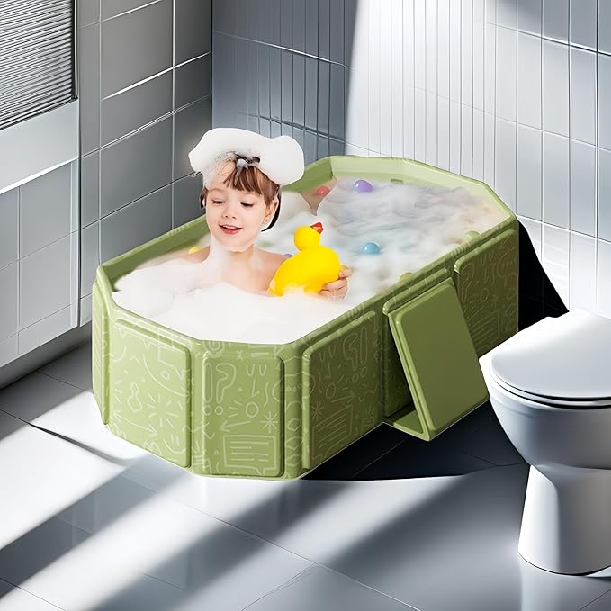 Baby Foldable Kids Bathtub for Infants to Toddler with Non-Slip Base,Easy Storage,Perfect for Small Spaces,White (Green)