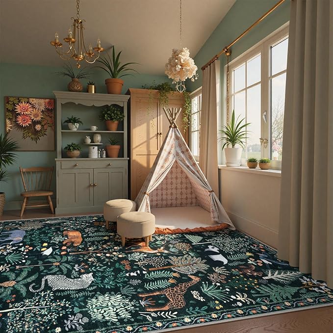 OJIA Jungle Print 9x12 Area Rugs for Living Room, Green Soft Bedroom Rug Washable Rugs 9x12, Modern Dining Room Rug Stain Resistant Ultra-Thin Floor Carpet for Playroom Kids Room Nursery