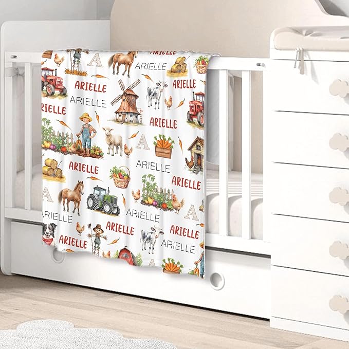 Personalized Baby Blanket for Girls Boys Farm Chicken Custom Baby Blanket with Name Swaddle Blanket for Toddlers Infants Kids Shower Newborns Nursery Stroller Crib Decor Throw Birthday Gift
