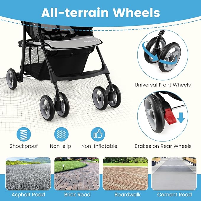 Baby Joy Lightweight Stroller, Compact Toddler Travel Stroller for Airplane, Infant Stroller w/Adjustable Backrest/Footrest/Canopy, 5-Point Harness, Storage Basket, Easy One-Hand Fold (Gray)